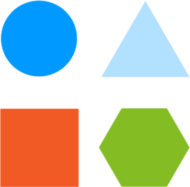 Verschiedene Formen: blauer Kreis, blaues Dreieck, orangenes Viereck, grünes Sechseck