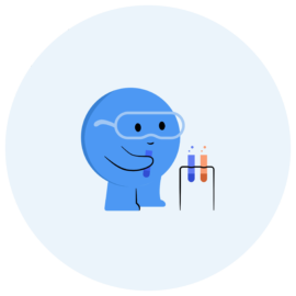 Blaue Figur macht Experimente im Labor.