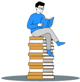 Mann sitzt auf einem Bücherstapel und ließ ein Buch.