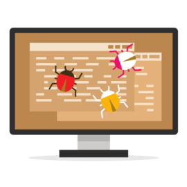 Laptop mit Code und Bugs die auf dem Bildschirm laufen.