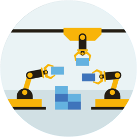 Illustration von industrieller Automatisierung: Drei Roboterarme bewegen und stapeln Bausteine, die für automatisierte Produktionsprozesse stehen.