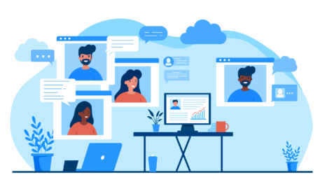 Illustration eines virtuellen Meetings: Mehrere Personen sind in Video-Call-Fenstern zu sehen, tauschen sich über Chatblasen aus und arbeiten gemeinsam an einem Computer mit Diagramm im Homeoffice-Setup.