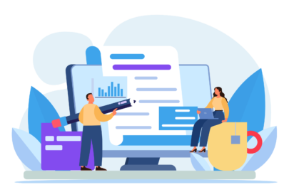 Illustration von zwei Personen, die gemeinsam vor einem großen Bildschirm mit Diagrammen und Text arbeiten – als Symbol für digitale Zusammenarbeit, Datenanalyse und Teamarbeit.