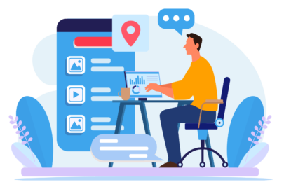 Illustration einer Person, die am Laptop sitzt und mit einer Benutzeroberfläche arbeitet, während Symbole für Standort, Nachrichten und Inhalte um sie herum angezeigt werden.