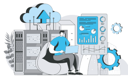 Illustration eines IT-Systems: Eine Person arbeitet am Laptop vor Servern, während Cloud-Symbole, Diagramme und Zahnräder für Datenverarbeitung, Analyse und digitale Infrastruktur stehen.