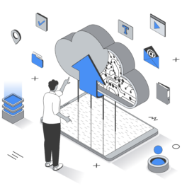 Illustration einer Person, die Daten von einem Gerät in eine große Cloud hochlädt, umgeben von Symbolen für Dateien, Speicher und digitale Inhalte.